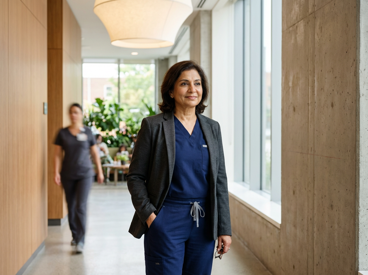 A professional woman in blue scrubs and a gray blazer walking through a modern hospital corridor.