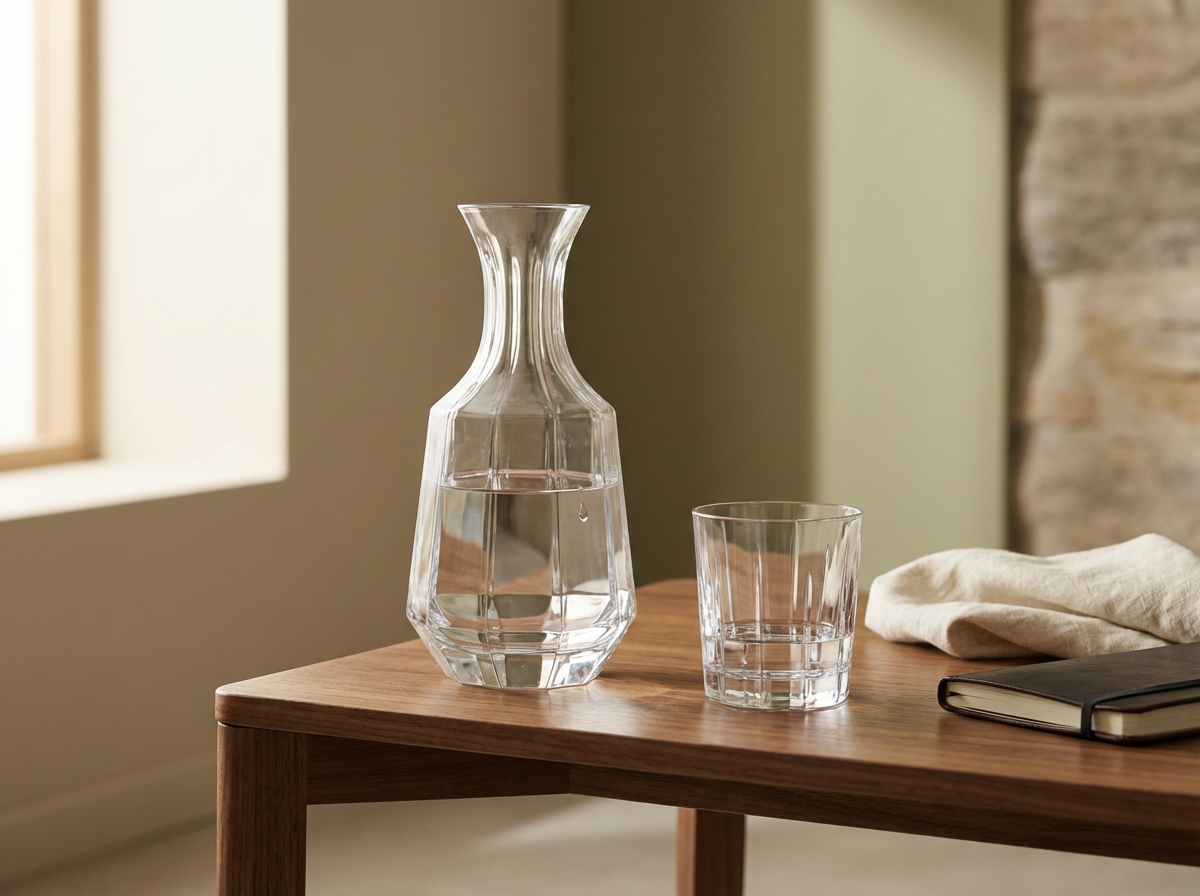 A clear glass carafe filled with water, a matching glass tumbler filled with water, a closed black notebook, and a folded beige cloth on a wooden table near a window and a stone wall.