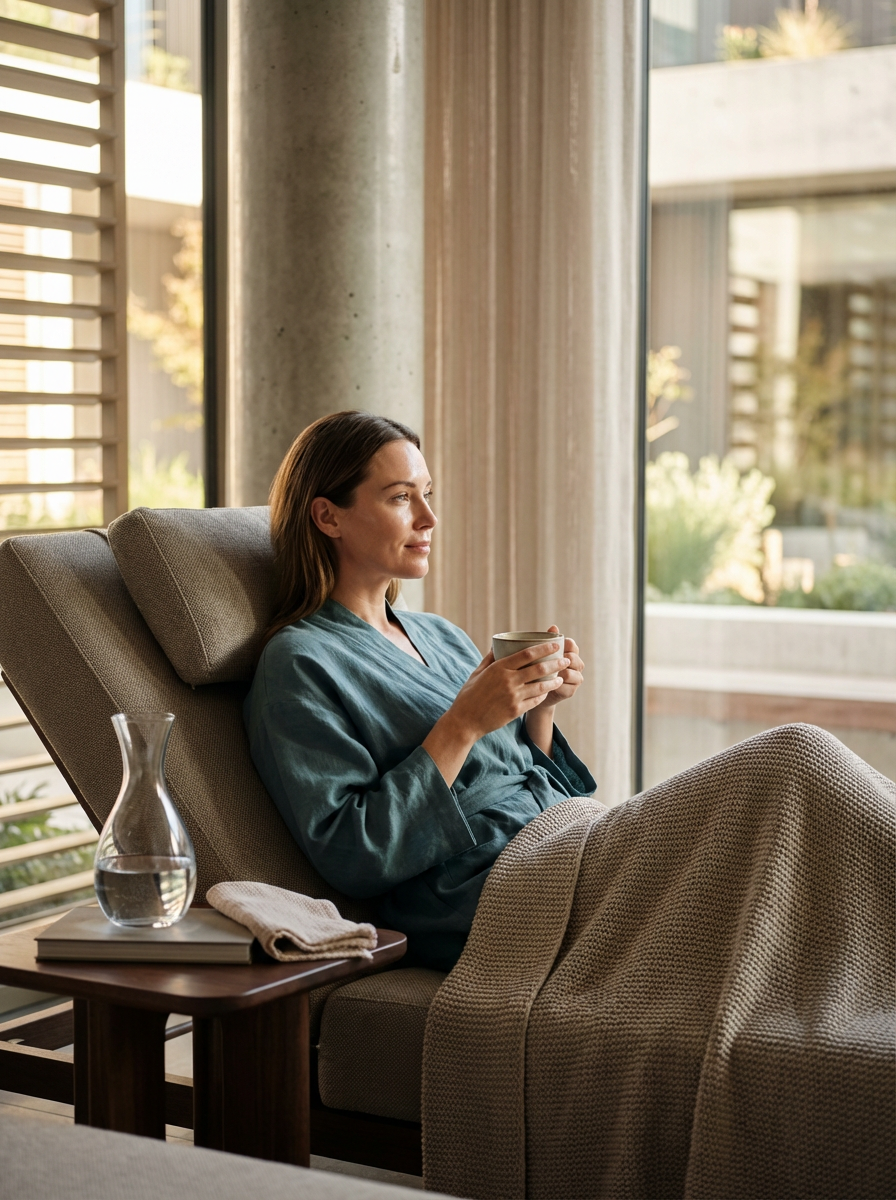 Woman sitting in a recliner, holding a mug, in a cozy indoor space with large windows and natural light.