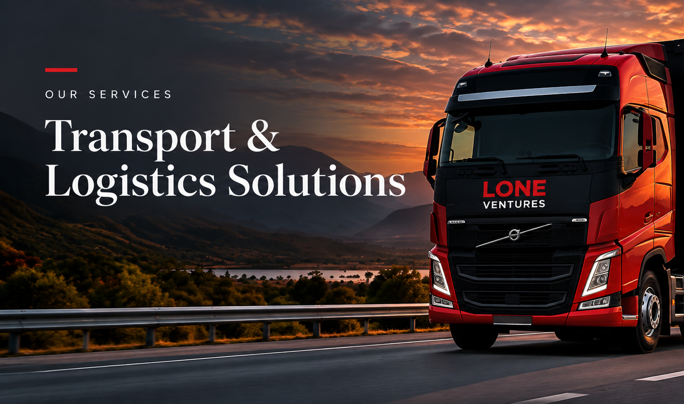 A red cargo truck driving on a highway at sunset with mountains and a river in the background, promoting transport and logistics solutions by Lone Ventures.