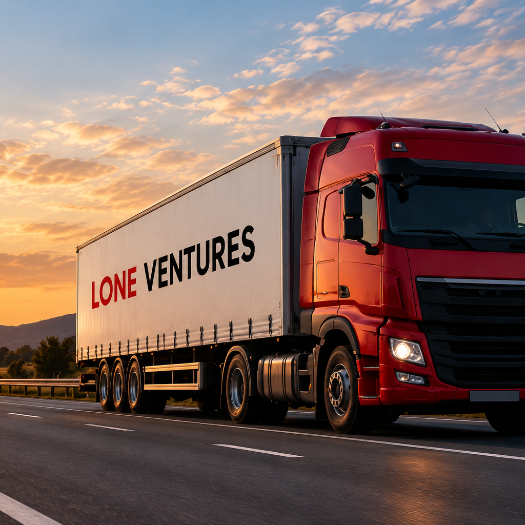 A red truck driving on a highway at sunset with a white trailer that has 'LONE VENTURES' written on it.