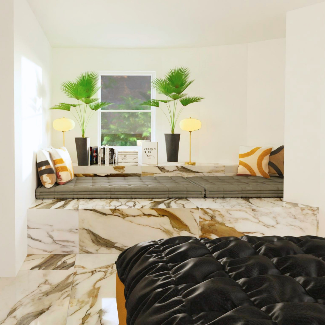 Sala moderna con ventana, plantas en macetas negras, dos lámparas, cojines decorativos, libros y una ventana con vista a árboles verdes.