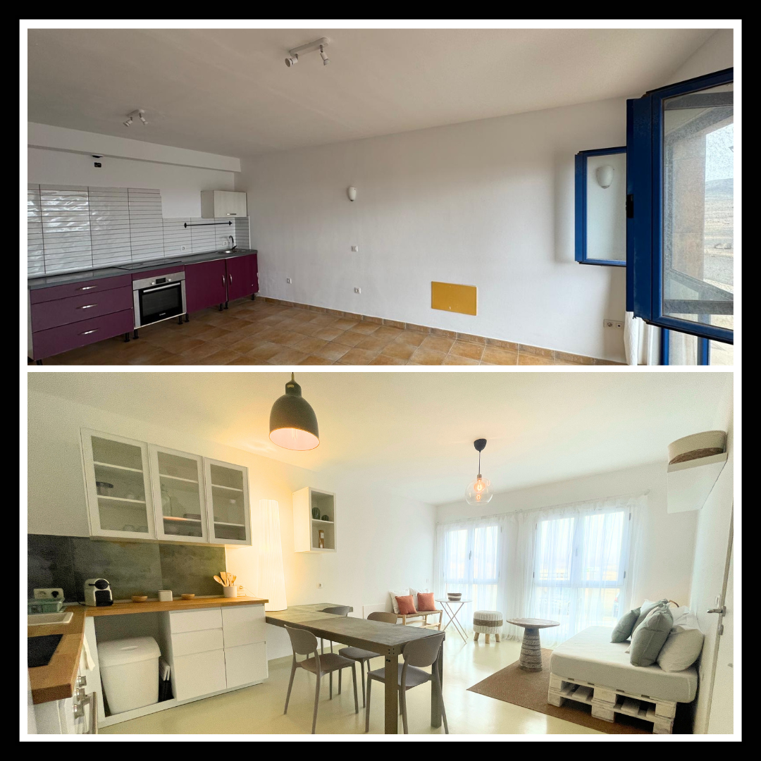 Imagen superior: habitación vacía con cocina en un lado y ventanas al fondo. Imagen inferior: sala de estar moderna con comedor, sofá y mucha luz natural.