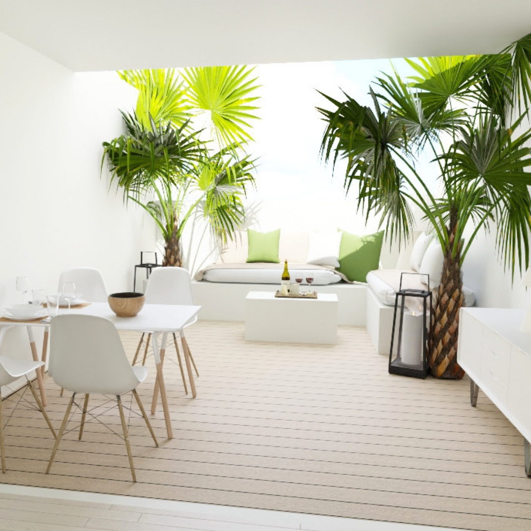 Sala moderna con muebles blancos y plantas de palma, mesa con bebidas y cojines verdes y grises.