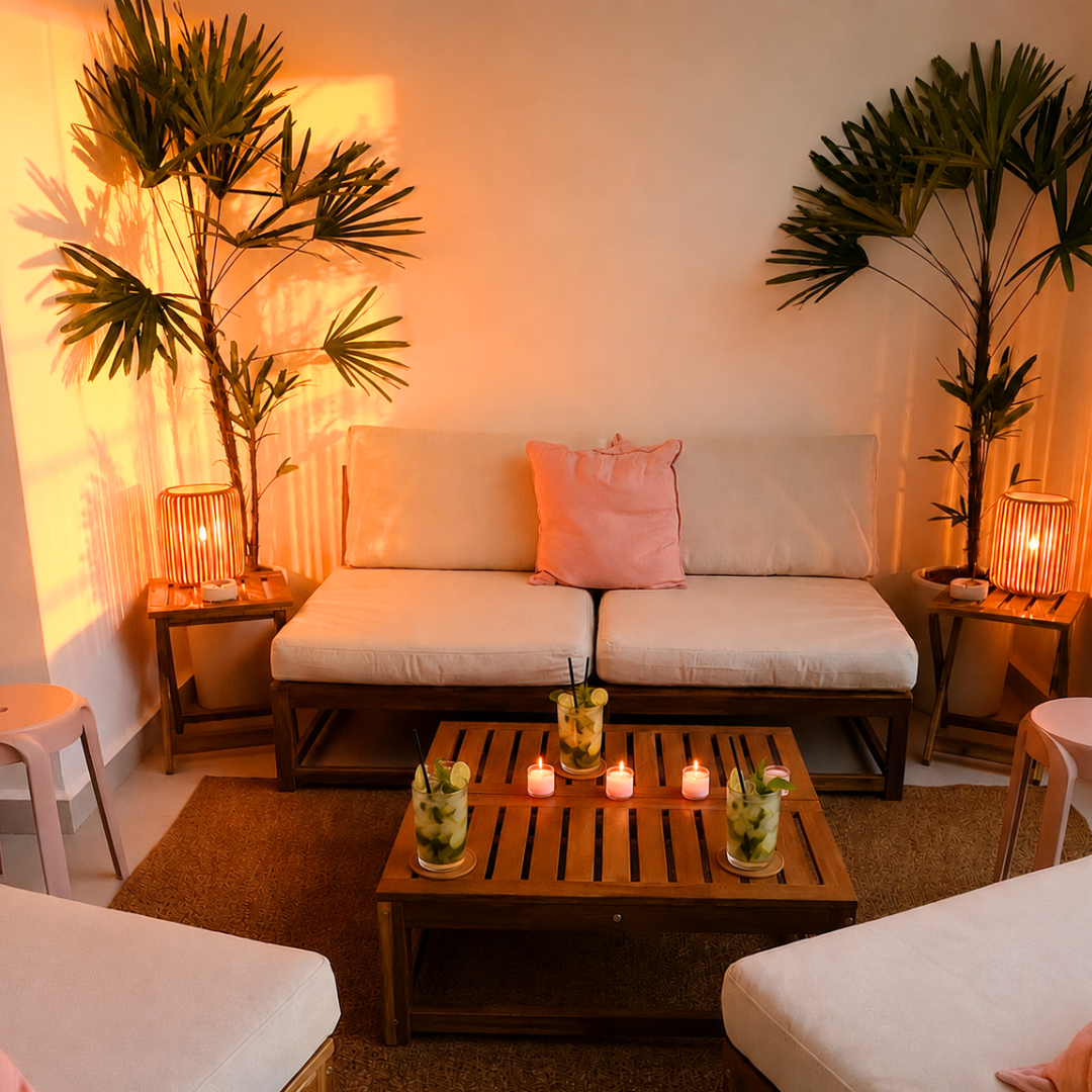 Sala de estar con sillón blanco, candelabros y plantas de palma en las esquinas, ambientada con iluminación cálida y velas encendidas en la mesa central.