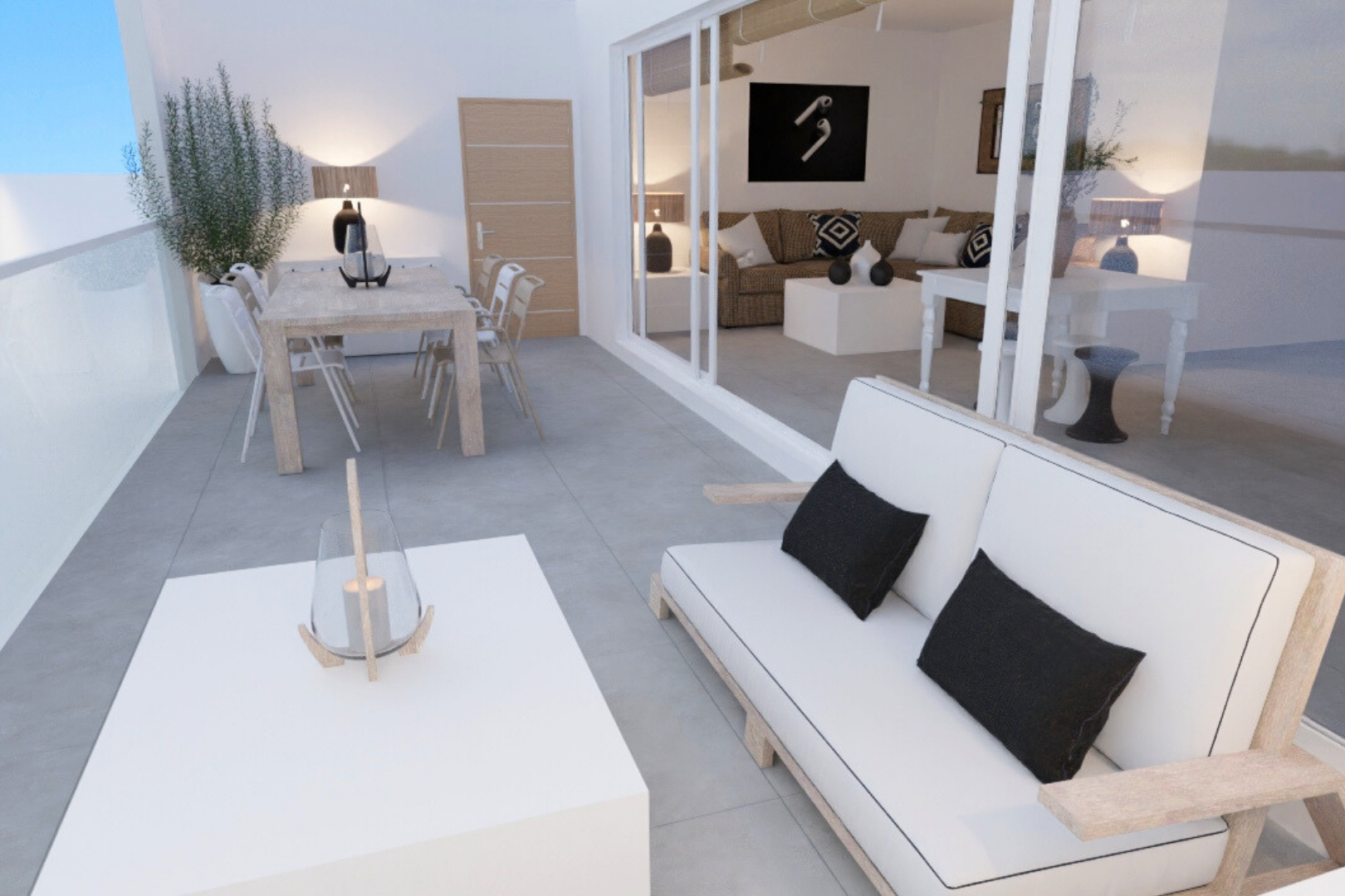 Sala y comedor en un espacio abierto con mobiliario moderno en tonos neutros, plantas decorativas y paredes blancas con ventanas de vidrio.