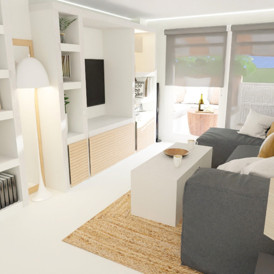 Sala de estar moderna con sillones grises, mesa blanca, estantes blancos, cortinas grises, alfombra de fibra, y decoración minimalista.