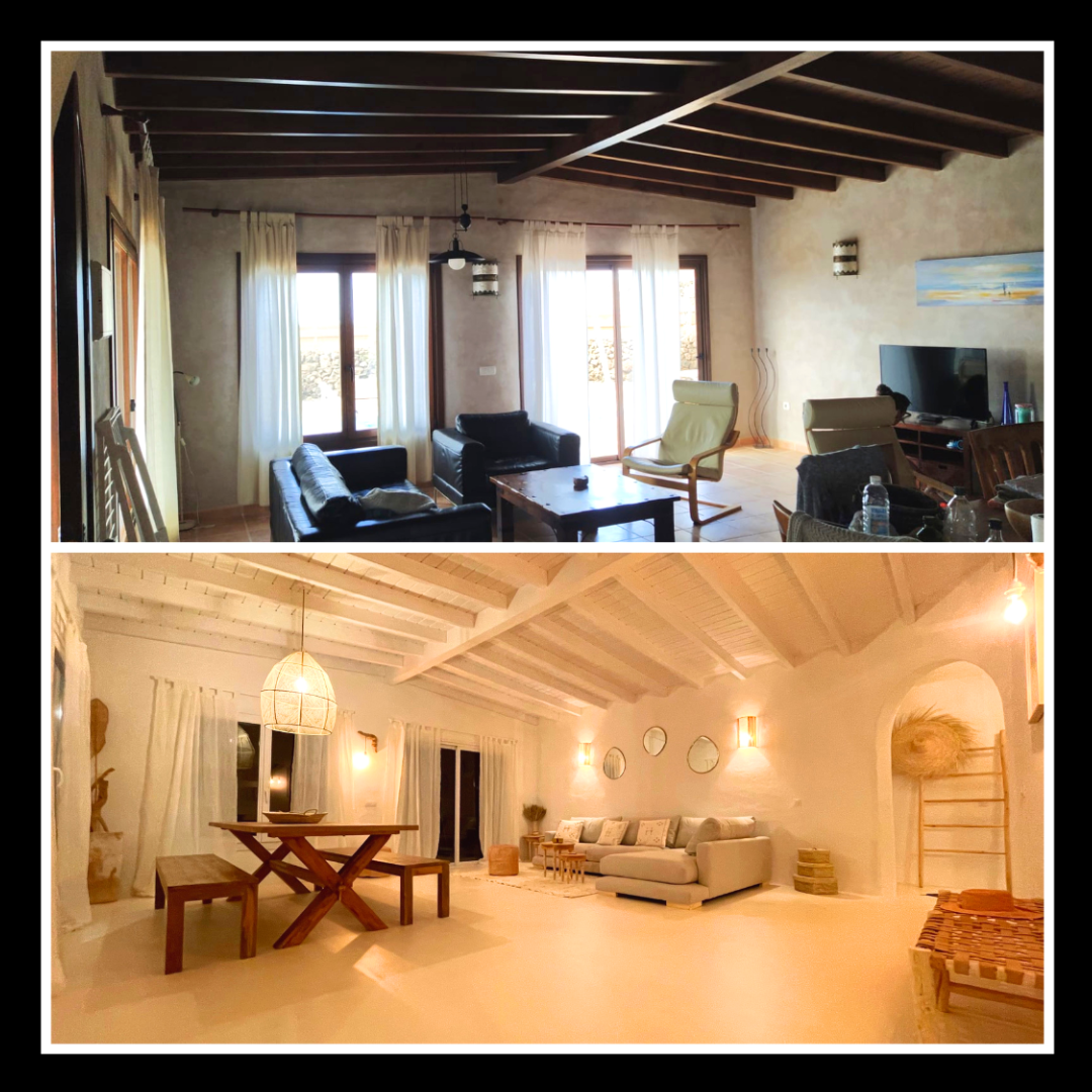Imagen dividida en dos partes: arriba, sala de estar con sillones negros y blancos, ventanas con cortinas blancas, techo de madera expuesta y paredes claras; abajo, interior con decoración blanca, muebles de madera, pisos claros, paredes con espejos y una iluminación cálida, creando un ambiente acogedor y elegante.