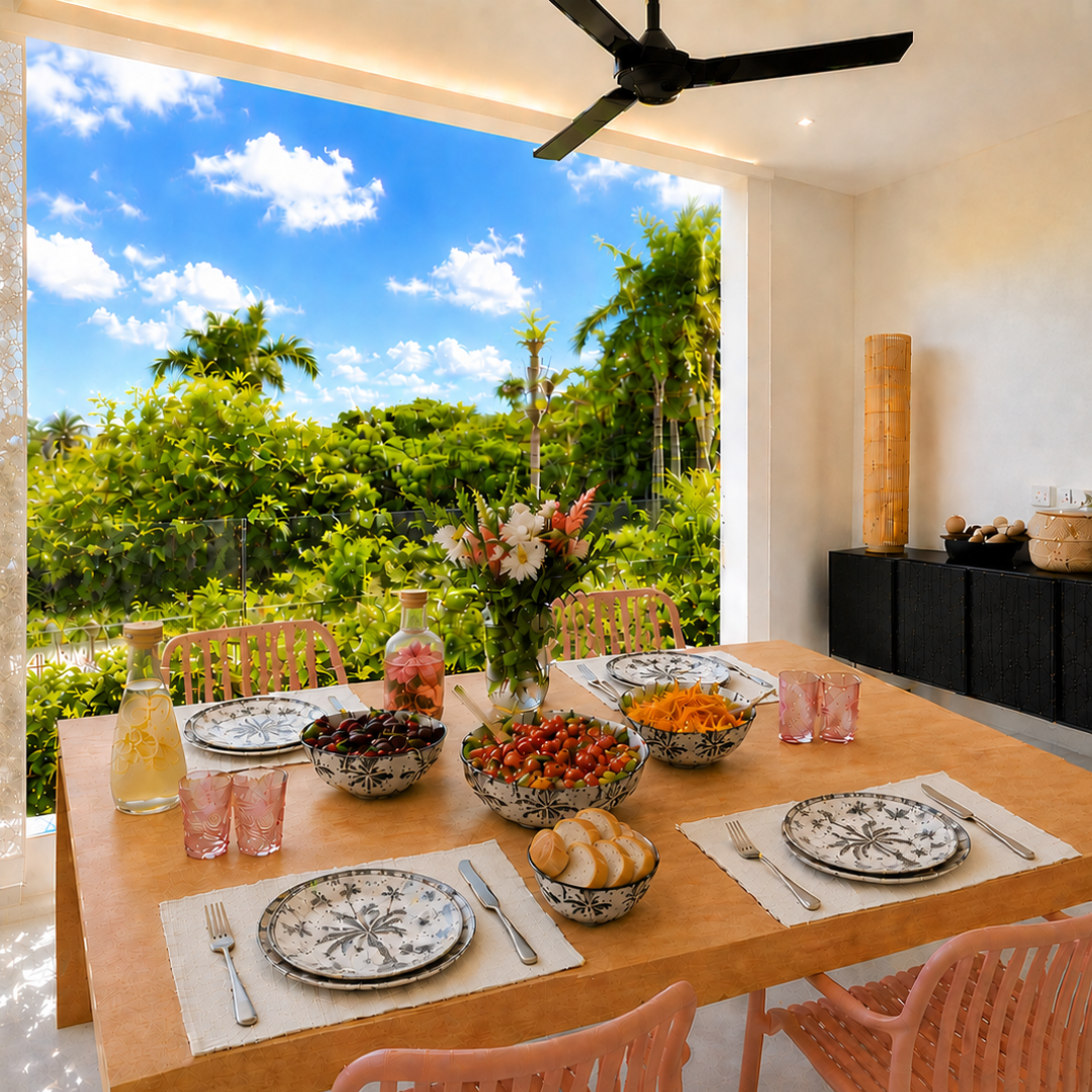 Mesa de comedor decorada con ensaladeras de frutas y un florero con flores en un patio con vista a plantas tropicales y cielo azul