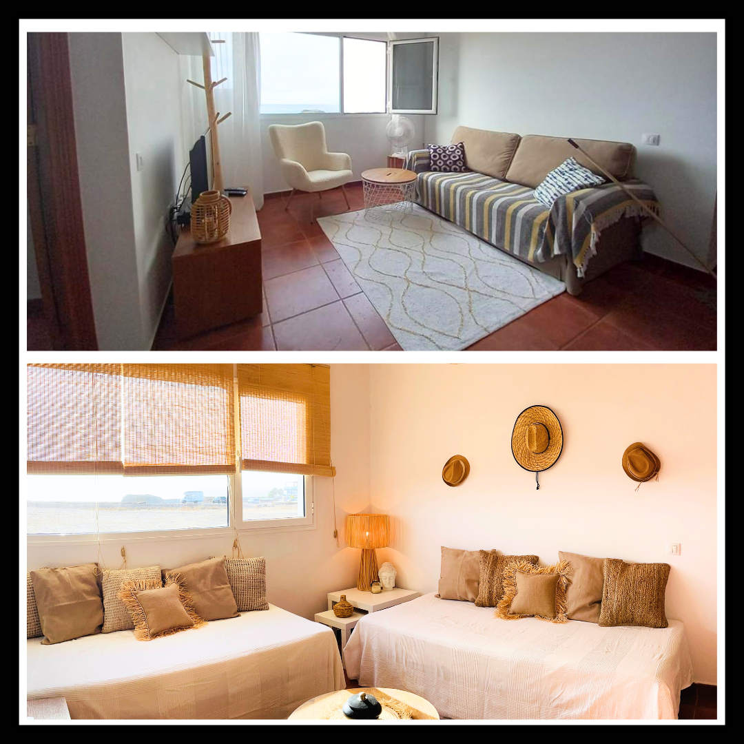 Sala de estar con sillón blanco, sofá beige con cojines, mesa de centro de mimbre, televisión, y ventana grande con vista al mar en la parte superior. Dormitorio con camas individuales con cojines, cortinas de bambú, lámpara, y accesorios decorativos en la pared.
