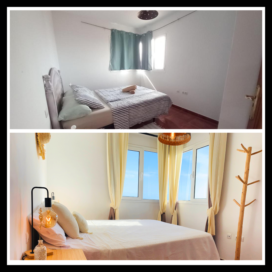 Habitación sencilla con cama doble, cortinas verdes y paredes blancas. La otra habitación tiene cama doble, cortinas amarillas y vista al mar.