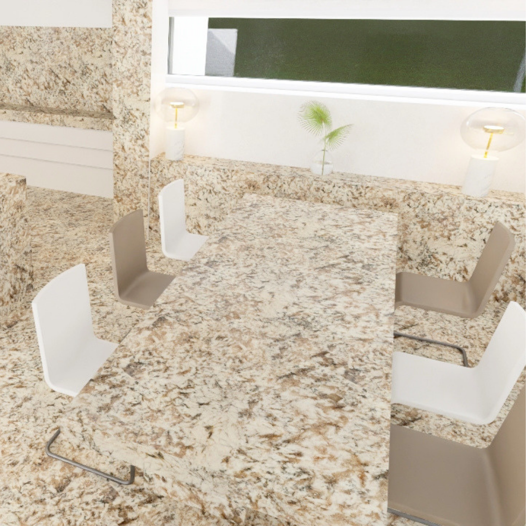 Mesa de granito con sillas blancas en una sala de reuniones junto a una ventana grande.