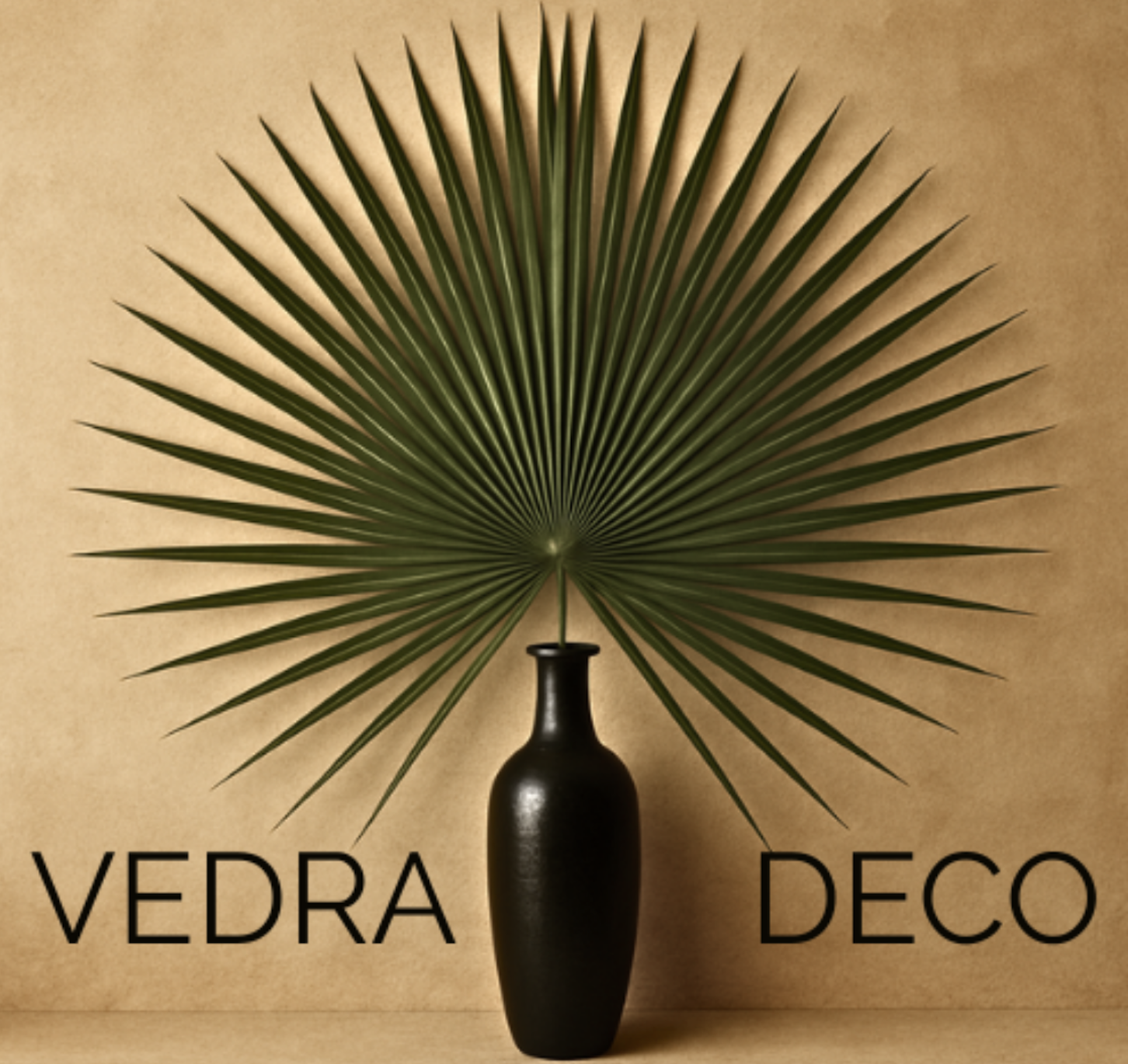 Una vasija negra con una hoja de palma grande y verde detrás. Texto en la parte inferior: 'VEDRA' a la izquierda y 'DECO' a la derecha.