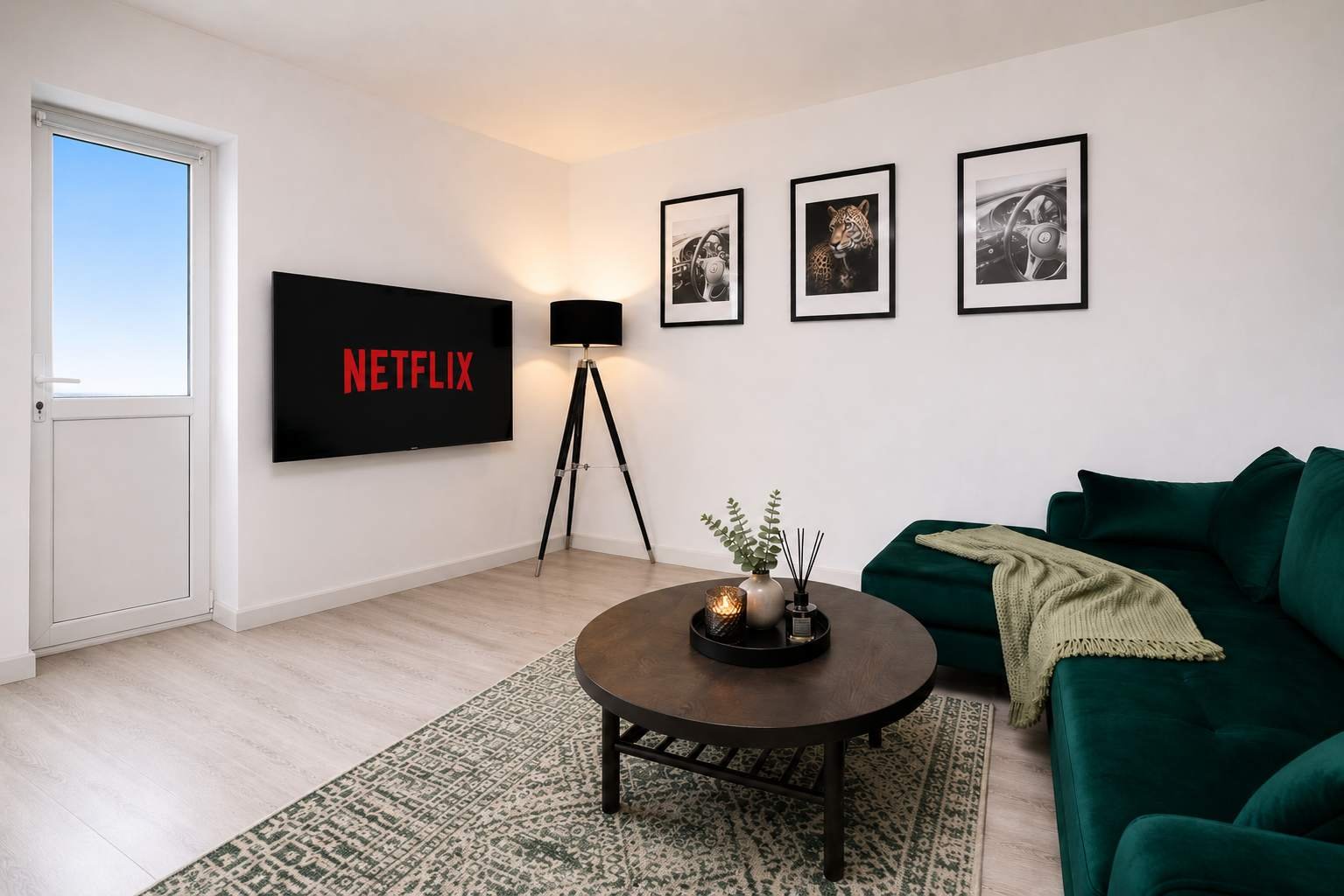 Living room with a green sofa, black framed pictures on white wall, a wall-mounted TV displaying Netflix logo, a coffee table with candles and decor, and a floor lamp beside the pictures.