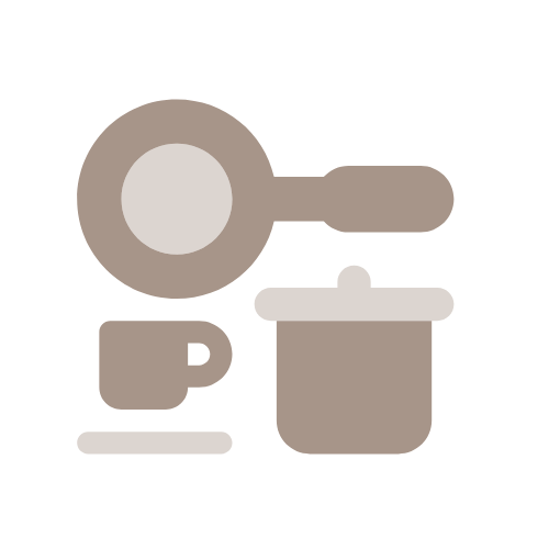 Icons of a frying pan, a coffee cup, and a cooking pot, indicating kitchen or cooking-related items.
