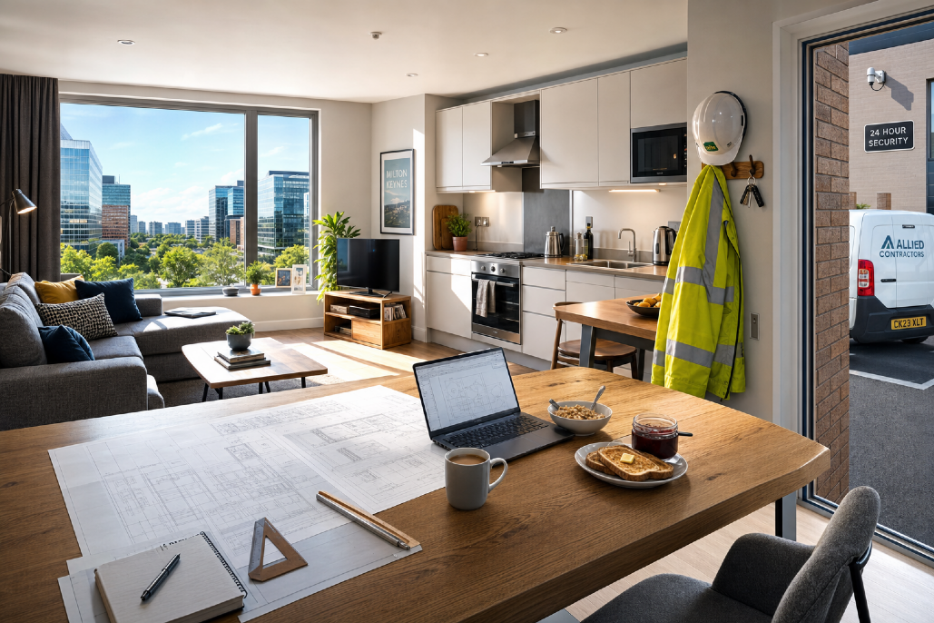 Open-plan living room and kitchen area with large window view of city buildings, a dining table with laptop, food, coffee, and notebooks, a gray sofa with pillows, and kitchen cabinets with appliances. There's a yellow safety vest and helmet hanging near the doorway, and a security truck is visible outside.