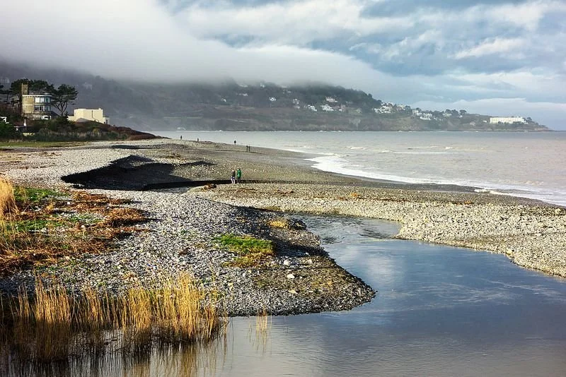 Spiaggia con rocce, acqua e vegetazione, con case e colline sullo sfondo, sotto un cielo nuvoloso.
