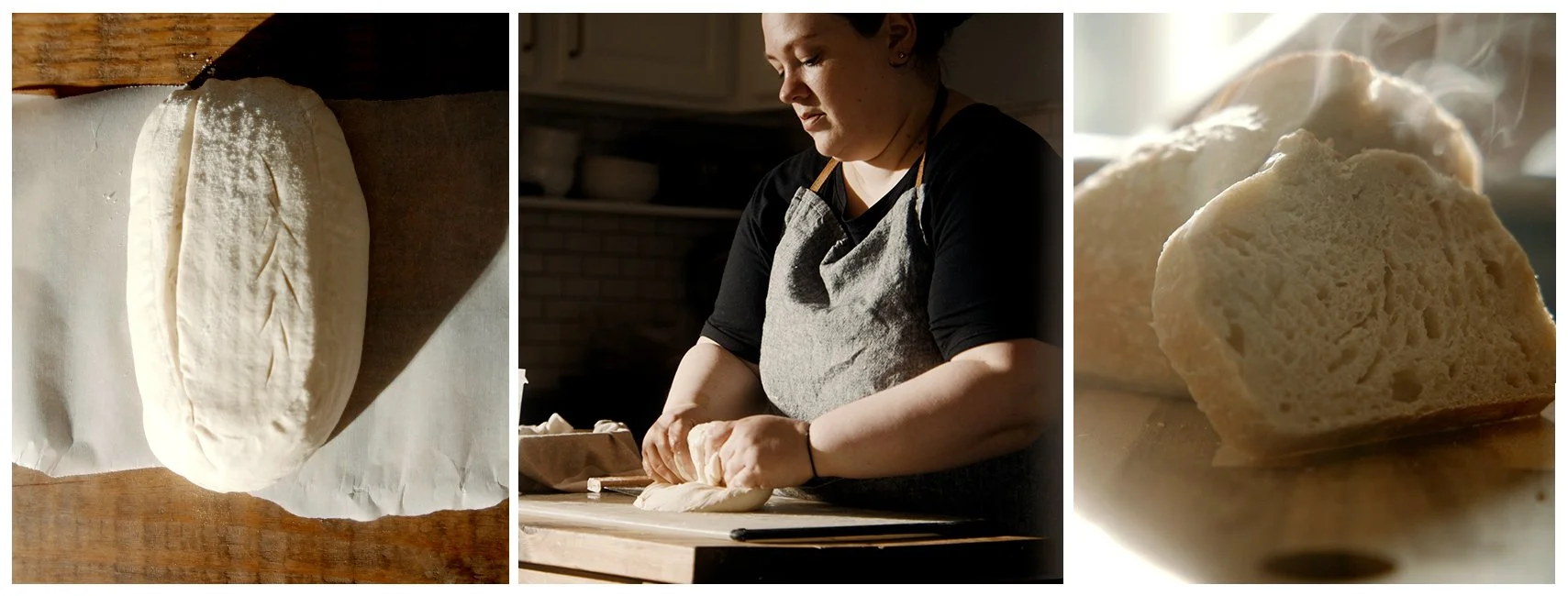 A woman prepares bread dough in a kitchen, with a close-up of freshly baked bread slices.
