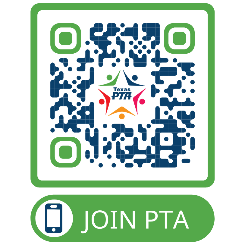 A QR code with a green border and a Texas PTA logo in the center, along with the text 'JOIN PTA' and an icon of a mobile phone below.