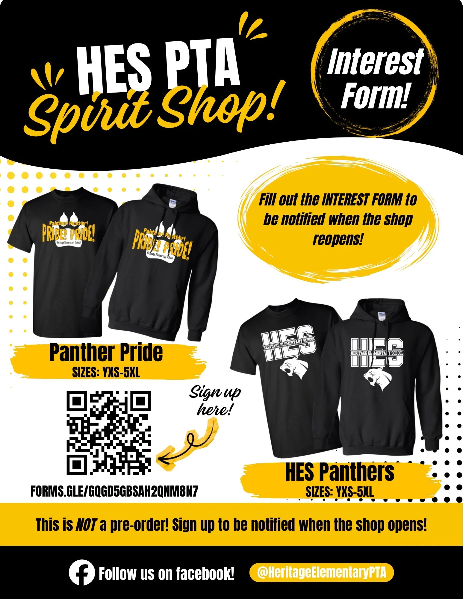 Promotional flyer for Heritage Elementary School Panther Pride merchandise. Features black hoodies and t-shirts with school logos. Details about sizes (YXS-5XL), QR code, and sign-up link for notifications that shop reopens. Encourages following on Facebook and signing up for updates.