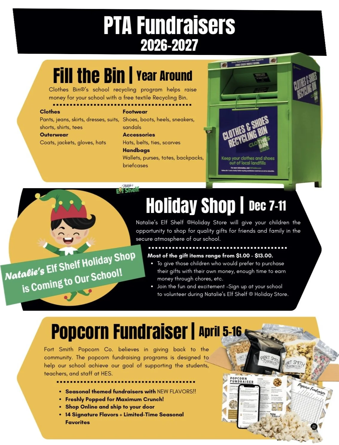 Flyer advertising PTA fundraisers and holiday shop events for the 2026-2027 school year, including a bin recycling program, a holiday gift shop from December 7-11, and a popcorn fundraiser from April 5-16, with details on each activity.