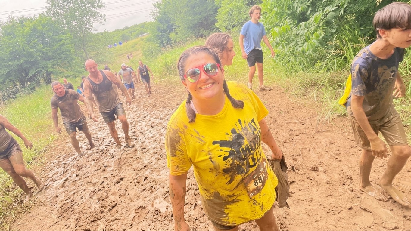 People participating in a muddy outdoor obstacle race on a dirt trail surrounded by green trees and grass, with some wearing race bibs and muddy clothing.