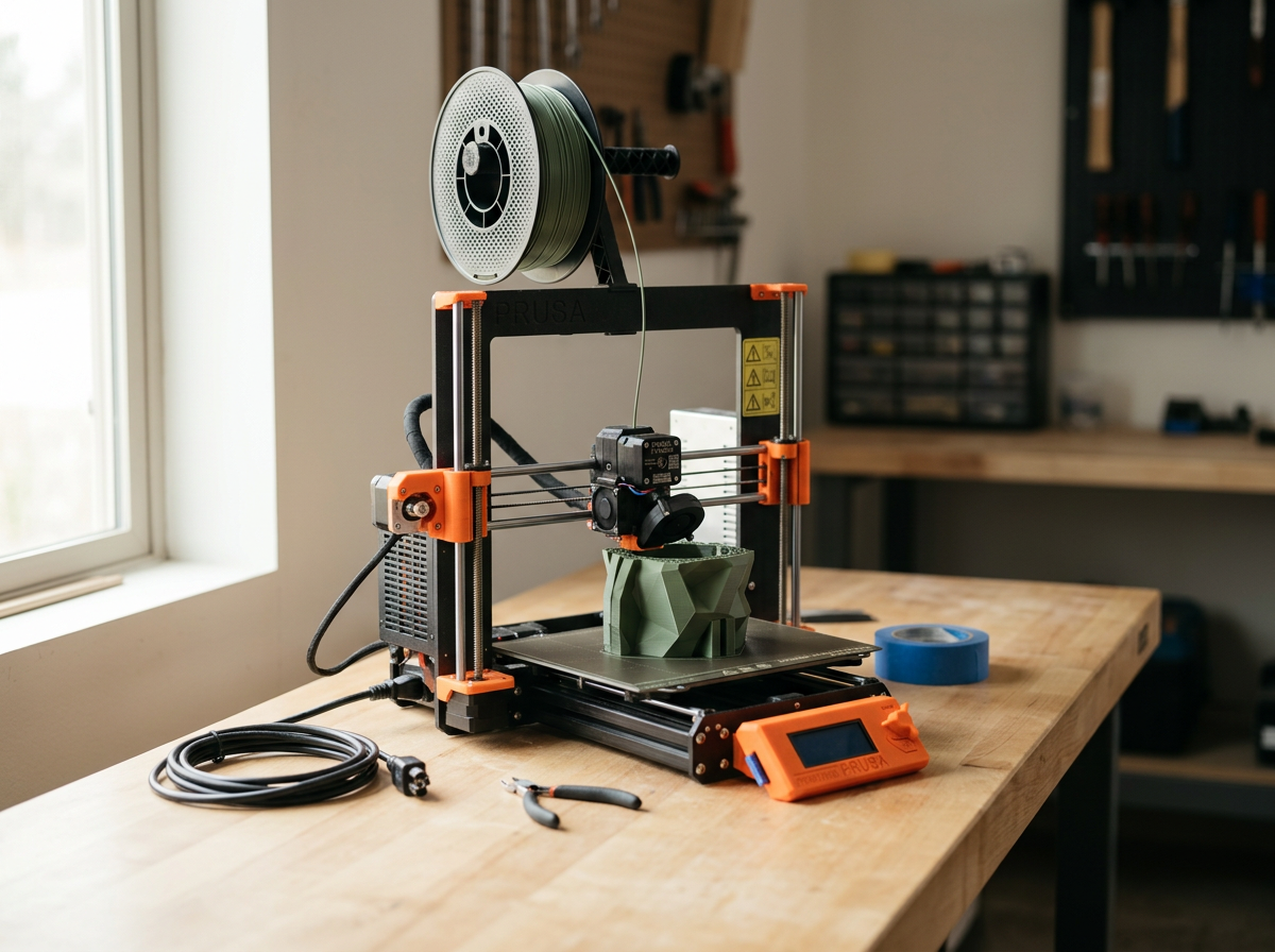 A 3D printer on a wooden workbench printing a geometric green object in a workshop.