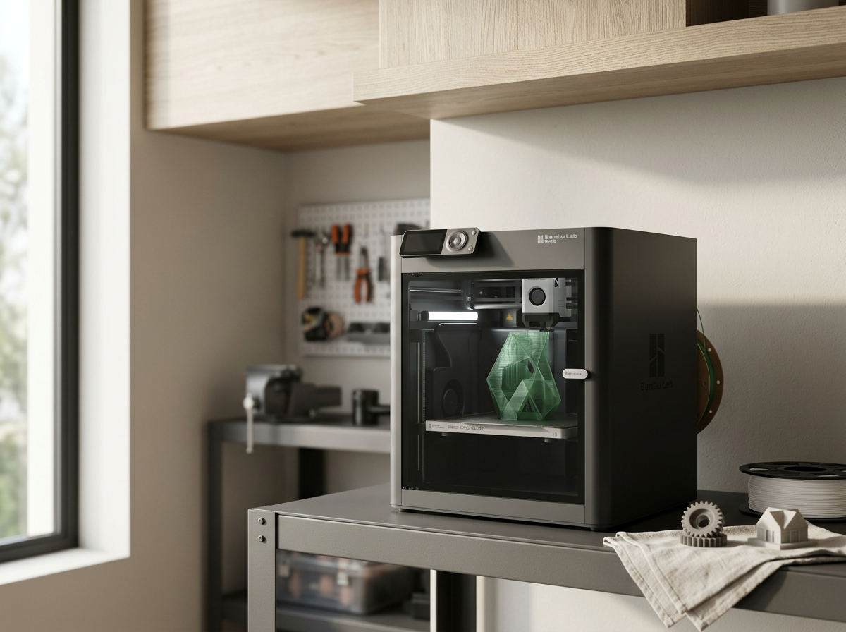 A 3D printer with a small sculpture inside, placed on a gray table in a workshop or studio space, with a window on the left and tools on a pegboard in the background.