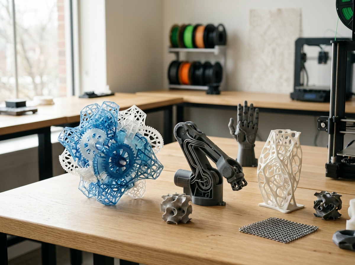 3D printed geometric models, robotic hand, and mechanical parts on a wooden table in a workspace with 3D printers and filament spools in the background.