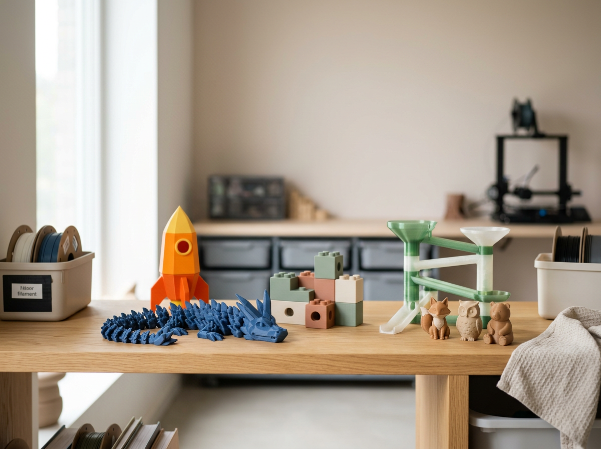 Collection of children's toys on a wooden table including building blocks, a rocket ship, a dragon, and animal figurines, with storage bins and a window in the background.