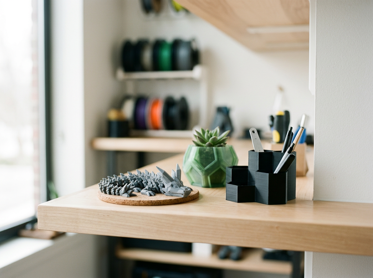A view of a home office or workspace with a wooden desk, a small green succulent plant in a geometric pot, and a black pen organizer holding pens, pencils, and a utility knife. There is a decorative gray dragon figurine on a cork coaster on the desk. In the background, there are shelves with colorful spools of thread and some tools.