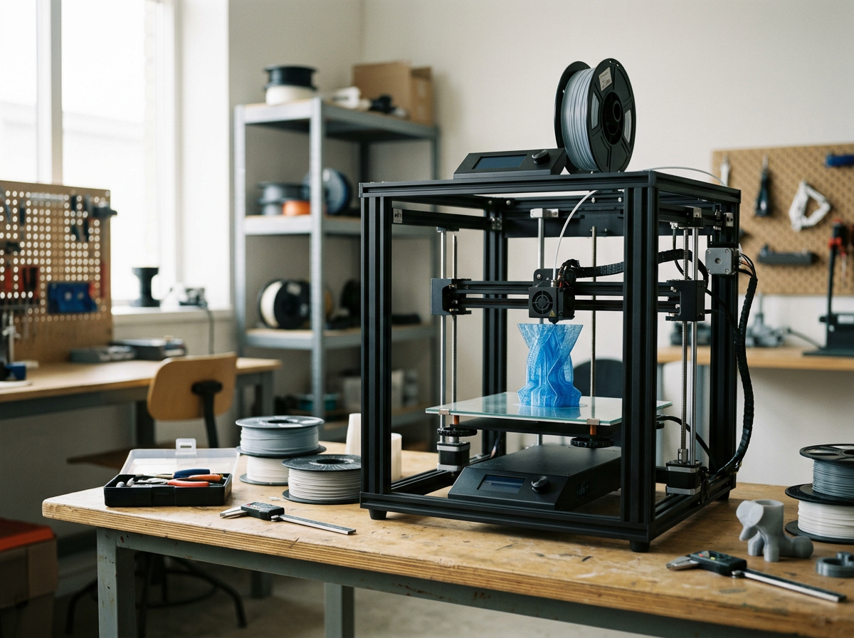 3D printer with a blue 3D printed object on the print bed in a workshop.