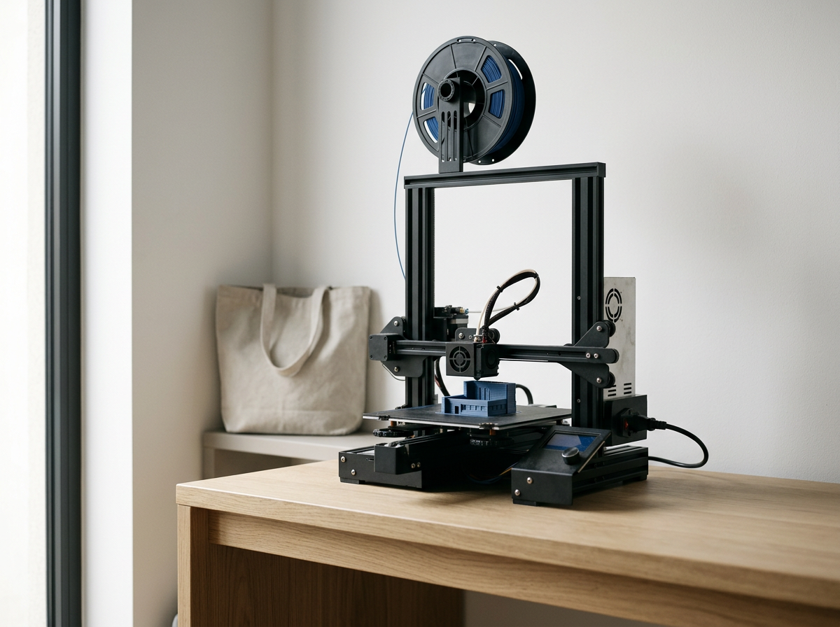 A black 3D printer on a wooden table near a window.