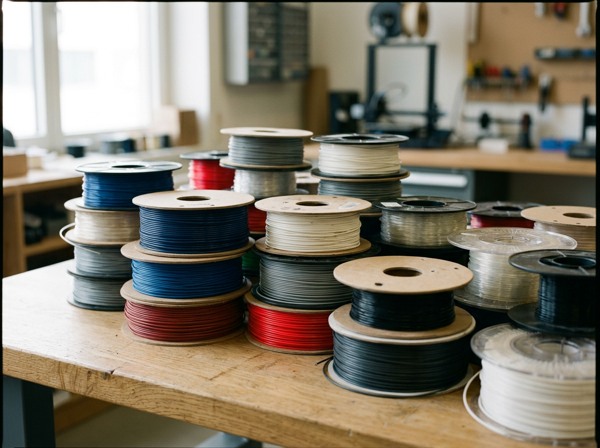 Multiple spools of filament in various colors are stacked on a wooden table in a workshop setting.