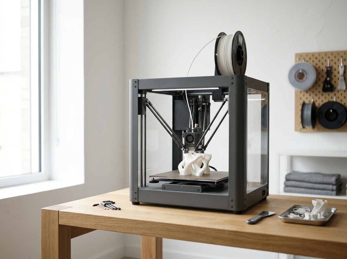 A 3D printer on a wooden table printing a white object with a complex, porous structure.