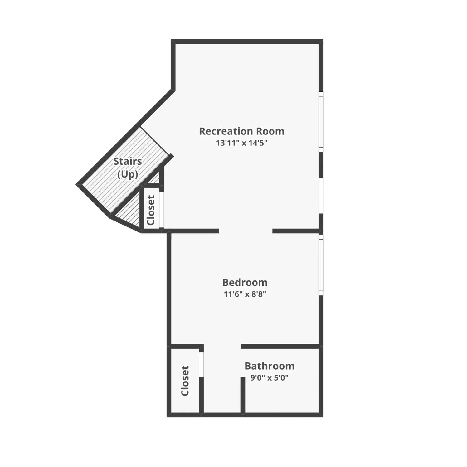 Floor plan of a residential space with labeled areas including a recreation room, bedroom, bathroom, and closets. The recreation room measures 13'11" x 14'5" and the bedroom measures 11'6" x 8'8". The bathroom is 9'0" x 5'0". The stairs are labeled as 'Up'.