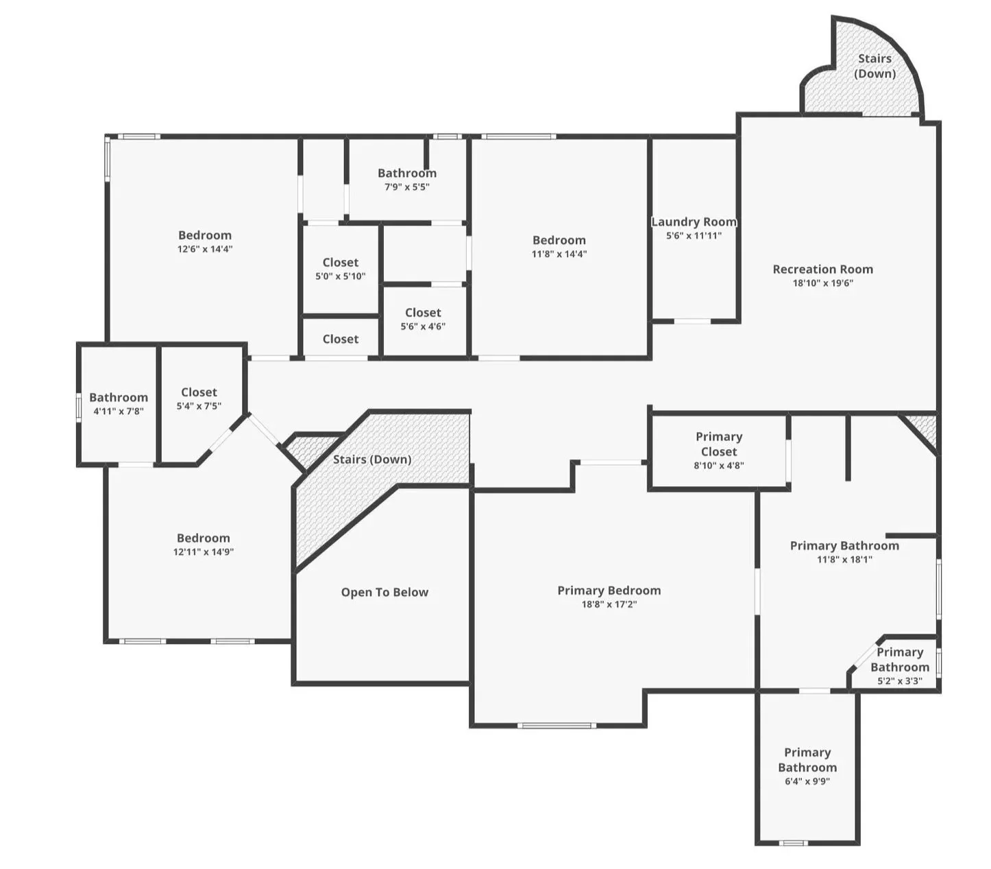 70 Honour Circle NW Floor plan with 5 bedrooms, 4.5 bathrooms, closets, a laundry room, recreation room, primary bedroom with en suite bathrooms, grand stairs, and open space to below.