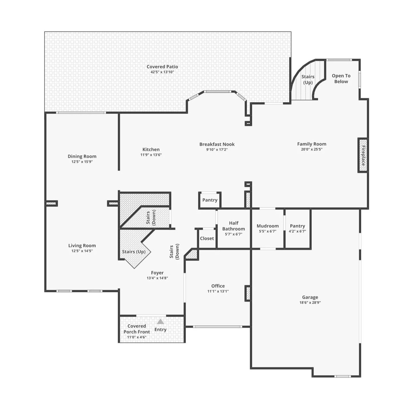 Floor plan of a house showing various rooms including a living room, dining room, kitchen, breakfast nook, family room, office, garage, and outdoor patios.