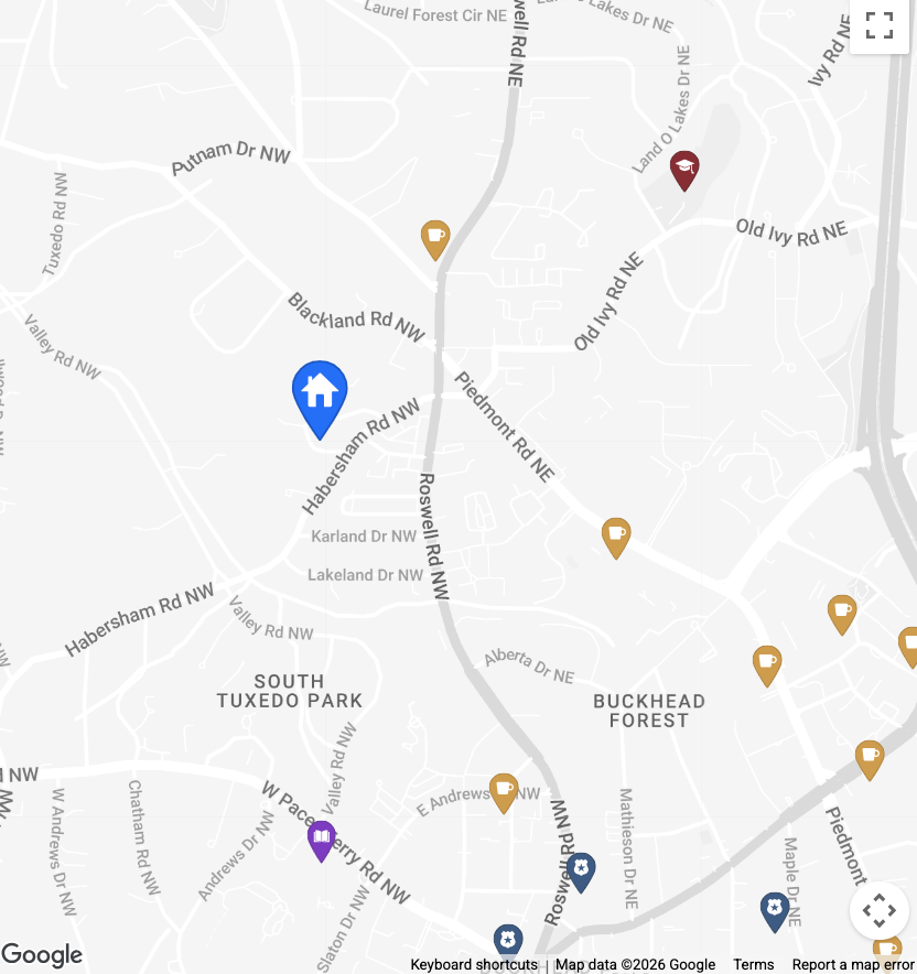 Map showing various locations including a house icon, cafes, a school, and other points of interest around South Tuxedo Park and Buckhead Forest neighborhoods.