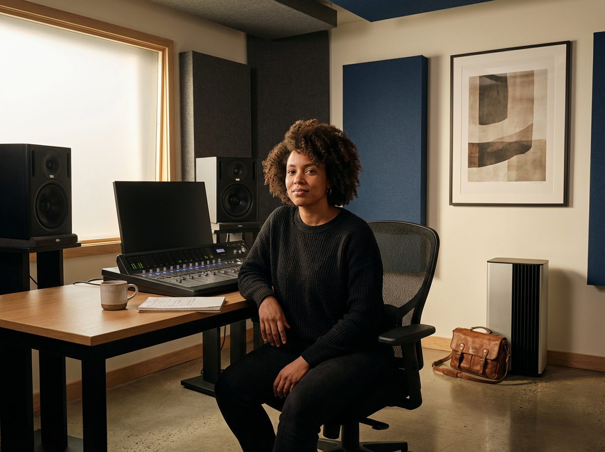 A woman sitting in a recording studio with audio equipment and framed artwork on the wall.