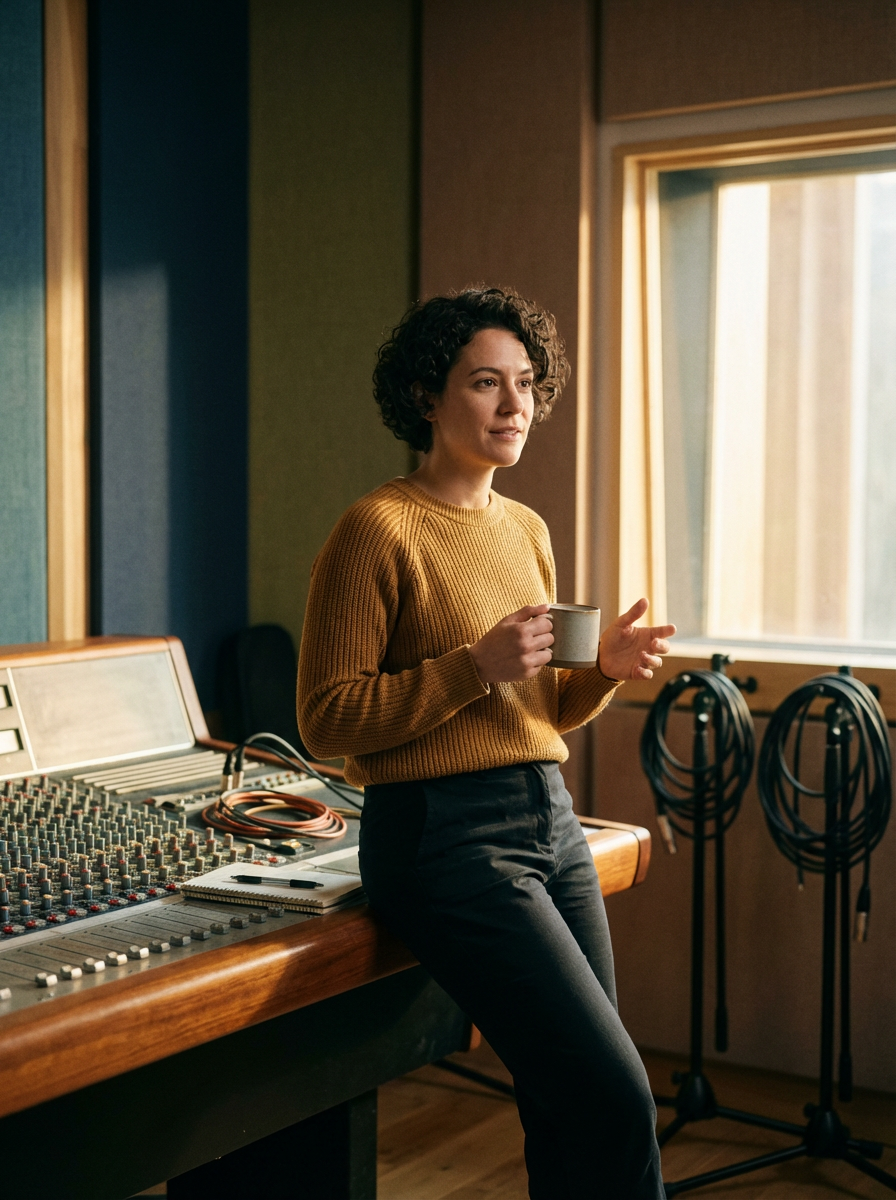 A woman with curly hair wearing a mustard yellow sweater and black pants, holding a coffee mug, leaning against a sound mixing console in a recording studio.
