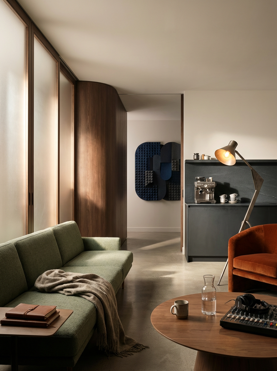 Modern living room with green sofa, wooden coffee table with books, a glass water pitcher and cup, orange armchair, floor lamp, kitchen area with coffee machine, and decorative wall art.