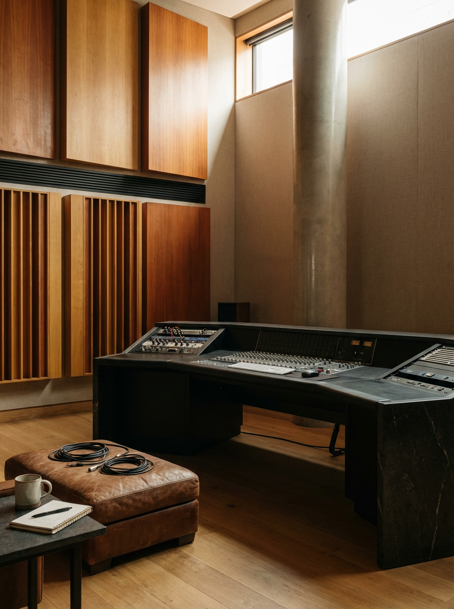 Recording studio control room with wooden sound panels, large window, mixing console, cables, notebook, pen, and coffee mug.