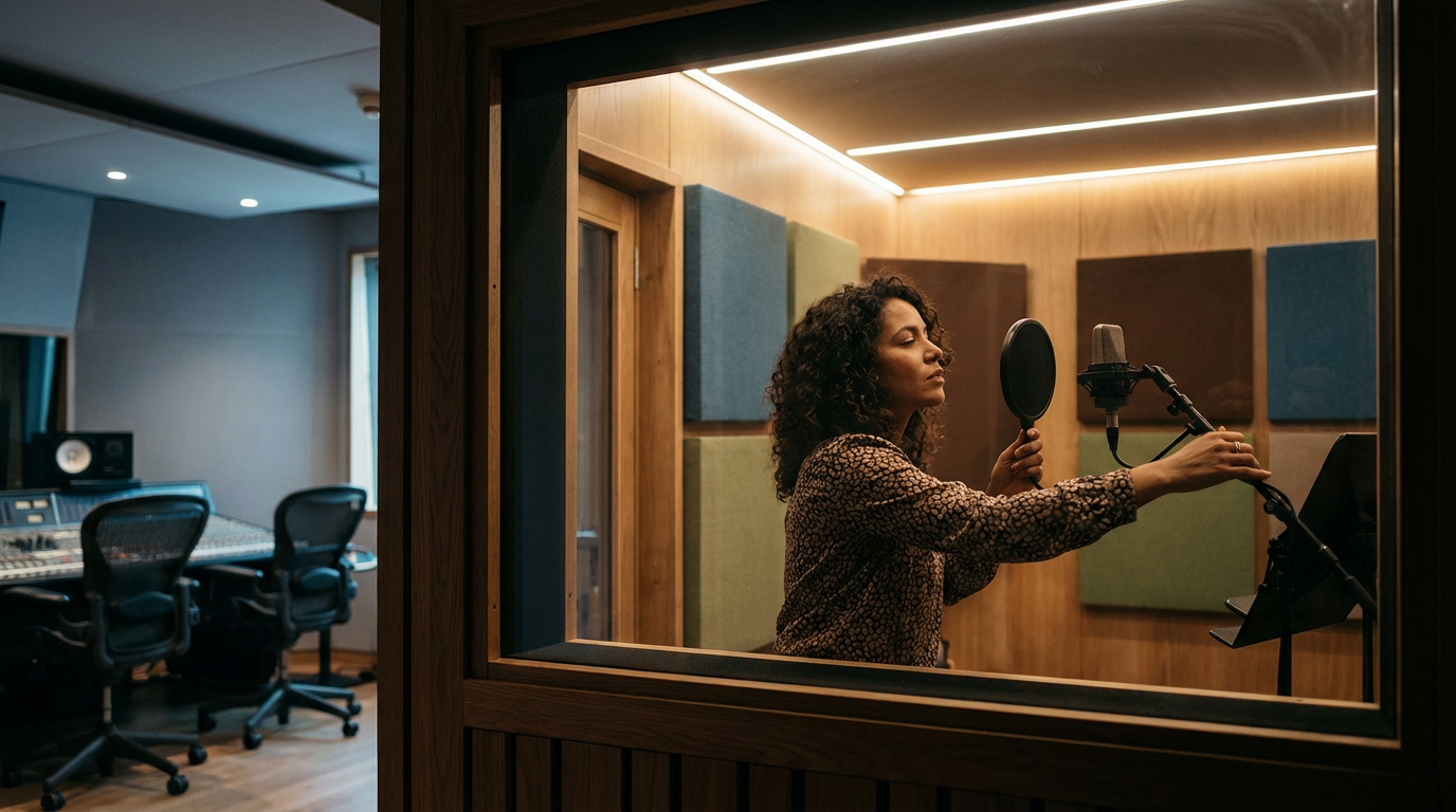 A woman in a recording studio with soundproof walls, singing into a microphone with pop filter, wearing a patterned blouse, with a music stand nearby.