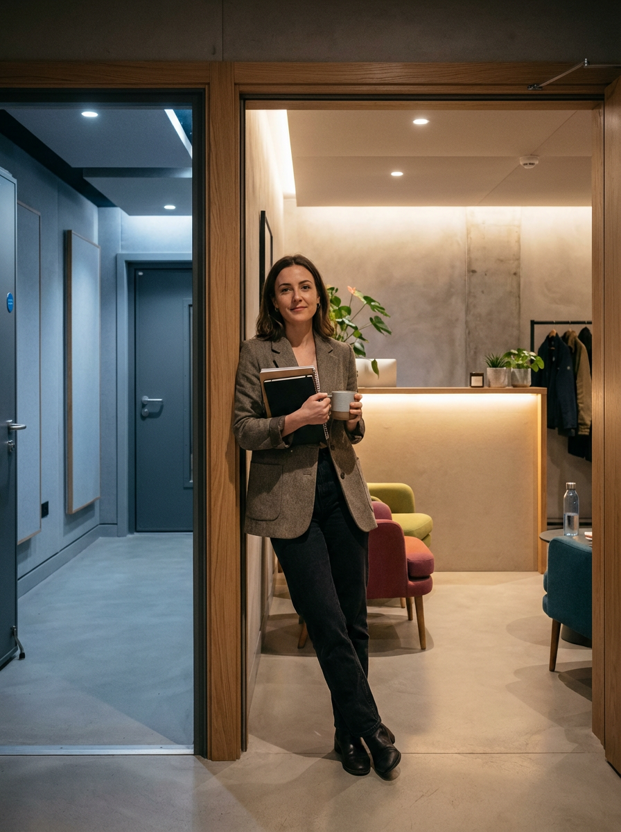A woman standing in a modern, stylish interior space with a receptionist or lobby area in the background, holding a cup and notebooks.
