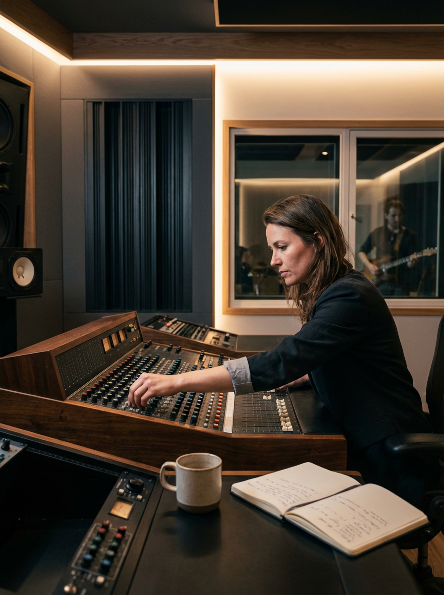 A woman operating a large audio mixing console in a recording studio, with a musician playing guitar in the background through a soundproof window.