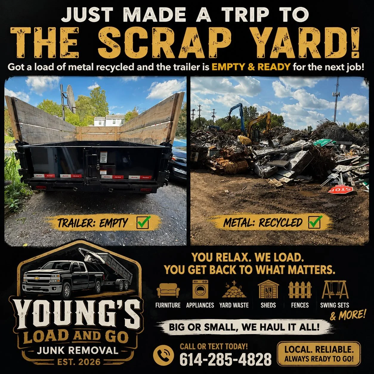 Trailer is EMPTY! ♻️ Clear out your unwanted appliances, furniture, garage clutter, yard debris, and more&mdash;without lifting a finger! We do all the loading while you sit back and relax. 🚛💨 Don&rsquo;t wait&mdash;message us now to schedule your 
