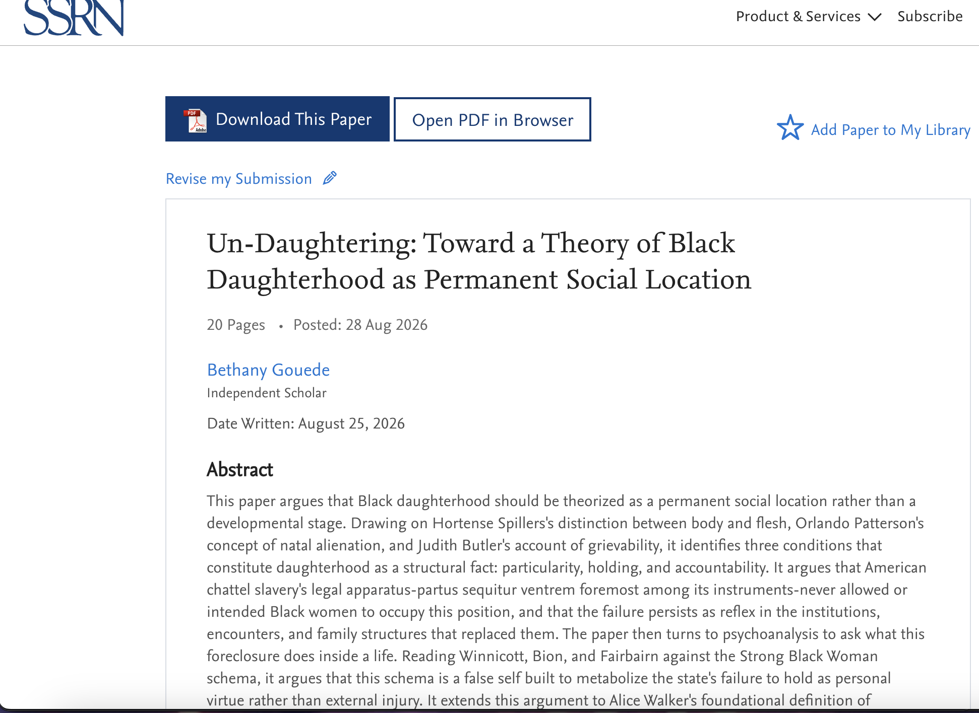 Screenshot of an academic paper titled "Un-Daughtering: Toward a Theory of Black Daughterhood as Permanent Social Location" by Bethany Goude, posted on August 28, 2026, with options to download or open the paper in a browser.