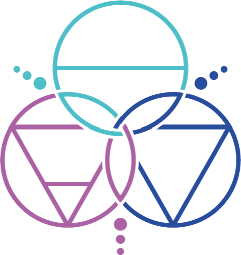 Venn diagram with three overlapping circles in purple, blue, and cyan, each outlined with dotted lines and geometric shapes inside.