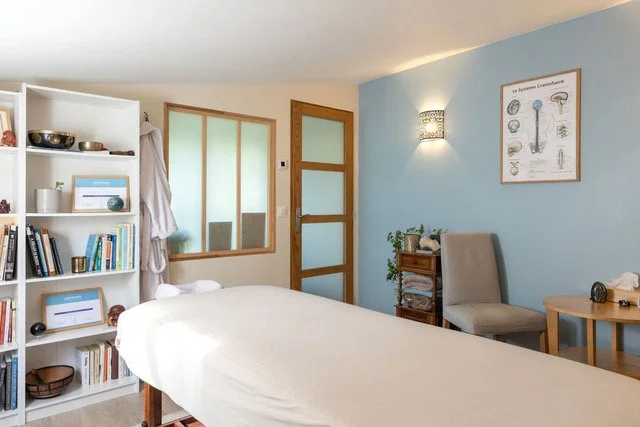 A massage therapy room with a massage table, bookshelf, and decorative wall art